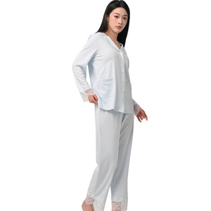 Set <span class=keywords><strong>Pigiama</strong></span> <span class=keywords><strong>Donna</strong></span> in <span class=keywords><strong>Cotone</strong></span> Spandex con Ammoniaca Liquida 50s, Traspirante, Maniche Lunghe, Cardigan in Pizzo, Sensazione Premium, Polsini in Pizzo - Product Image 1