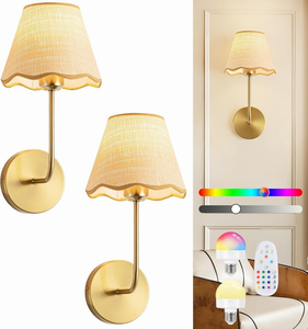 Applique murale scandinave moderne en cuivre avec abat-jour en tissu beige, ampoule LED blanc chaud 3500K, télécommande, E26, pour chambre à coucher, CRI90 - Product Image 2
