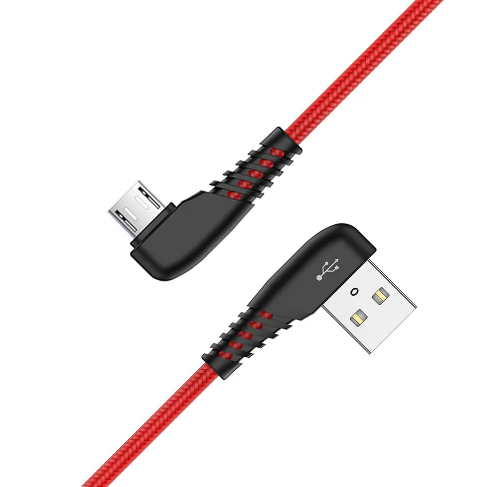 Câbles de données Micro USB OEM, coude à 90 degrés en nylon tressé, câble Micro usb durable PD, câble de charge rapide pour téléphone portable android
