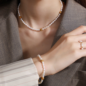 Freshwater Pearl Necklace And <b>Bracelet</b> <b>Set</b> With Gold Flower Charms For Women Party Jewelry Stainless Steel 18K Gold Plated - Product Image 4