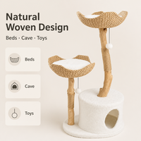 Arbre à chat minimaliste en bois massif avec panier en rotin, poteau à gratter en corde, emballé en carton, tour d'activités intérieure pour chats - Vente en gros