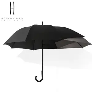 Logo oyma ile moda otomatik açık çift katmanlı rüzgar geçirmez golf şemsiyesi ahşap saplı