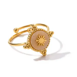 2023 Newest Lady Jewelry 18k Gold Planted Disc Asterism Open Ring No Fade Stainless Steel Round Powder Spar Adjustable Ring