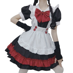 Black And <b>Red</b> Maid Outfit V Neck A Line Lolita Dress With <b>Bow</b> Headband And Apron For Halloween Or Cosplay - Product Image 5
