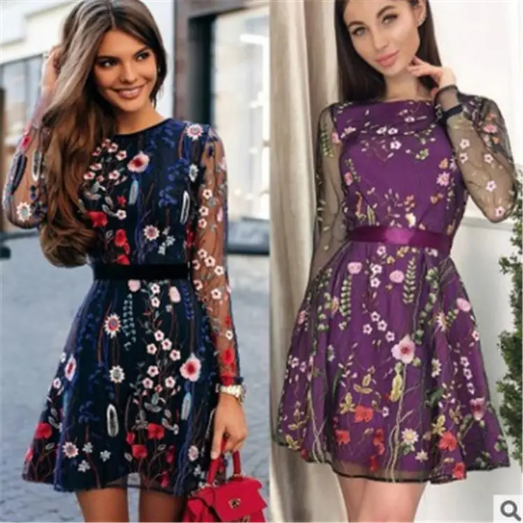 Vestido boêmio chique renda manga longa, feminino noite floral bordado vestido