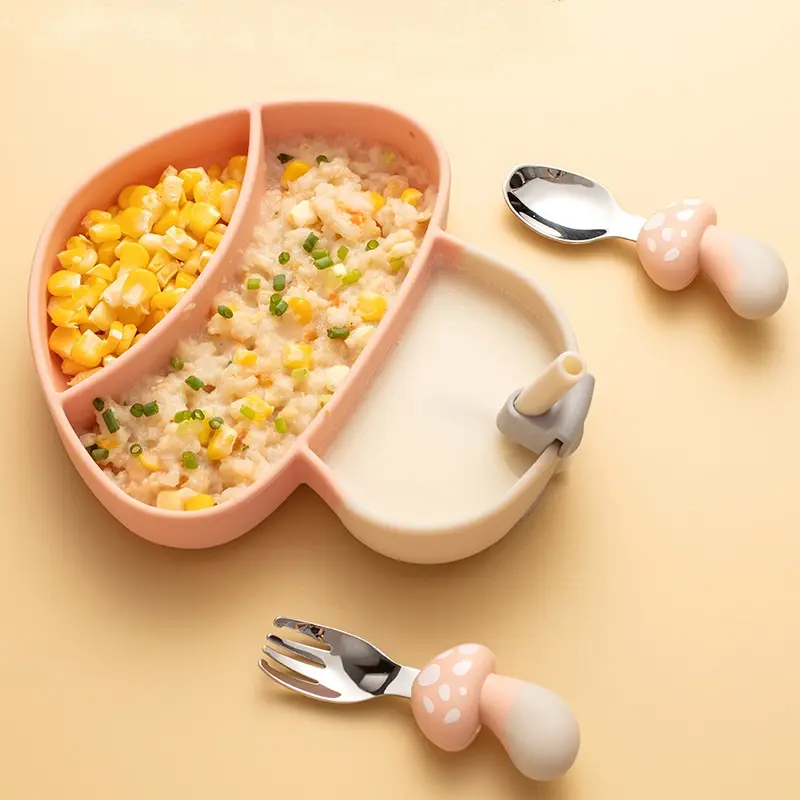 Silikon babi emme plaka havuç mantar mısır çanak çocuklar kaşık çatal yemeği sofra hediye bebek besleme seti