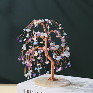 Árbol de la Abundancia de Cristal Natural al por Mayor, con Forma de Sauce Llorón, Envuelto en Alambre de Cobre, Árbol de Chakra sobre Base de Rodaja de Ágata para Decoración del Hogar - Product Image 1
