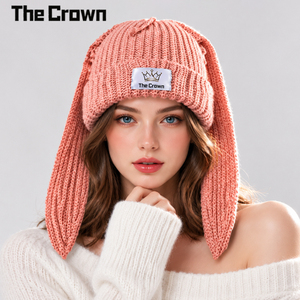 Bonnet d'hiver unisexe rose en tricot épais double couche avec oreilles de lapin, personnalisé, de haute qualité, chaud et à revers épais, vente en gros - Product Image 2