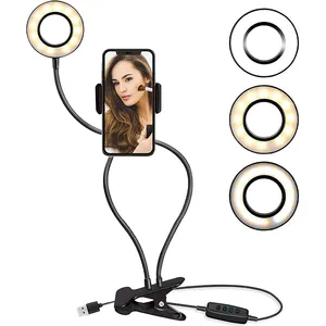 Phone Accessories LED Selfie Ring Light with Mobile Phone Clip Holder Lazy Bracket Desk with USB Power to Taking Photos