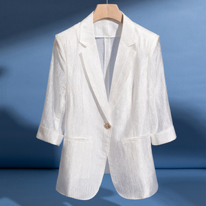 Women's 3/4 Sleeve Blazer Jacket <b>Shimmering</b> White Solid Color Acetate Fiber Breathable Summer <b>Top</b> - Product Image 2