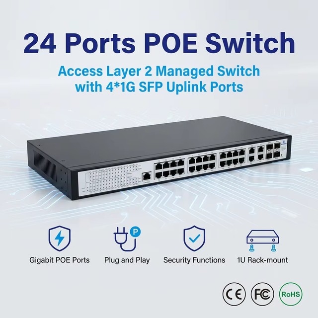 S5710-24TP4TS 24 Port Gigabit PoE Switch 4 Gigabit Combo Port Managed L2 Access Switch for IP Camera and Office Network