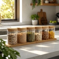 Ensemble de bocaux en verre borosilicate écologiques avec couvercle en bambou, support pour bocaux, bocaux cylindriques transparents pour le rangement de la cuisine, épices, café, noix, fabriqué en Chine