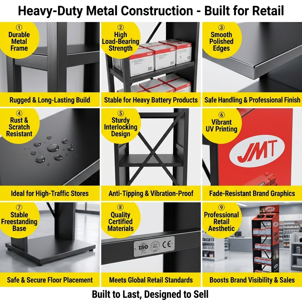 Heavy Duty Metal Floor Standing Retail Display Rack for Battery Custom Branded POP Display Stand for Auto Parts Store — view 5