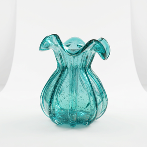 Crystal Coast Teal Glass <b>Vase</b> with Ruffled Rim Hand Blown Art Deco Design <b>Unique</b> Tabletop <b>Vase</b> for Wedding Home Garden Decor - Product Image 1