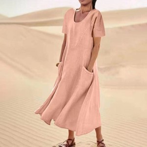 Vestido Casual Largo de Algodón y Lino de Color Liso con Manga Corta <span class=keywords><strong>para</strong></span> Mujer JAC22 M4274 - Product Image 5