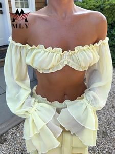 مخصص طويل الأكمام بدون حمالات أعلى محصول ملابس شاطئ مثير عارضة كشكش شاطئ التستر اللباس - Product Image 2