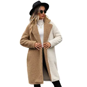 Wholesale 620gsm Fleece Jacket Fur Winter Thick Warm Wool Pocket Plaid Fuzzy Plush Long Fleece Coat For Women