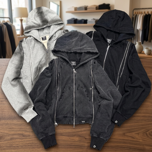 Men's Hooded Fleece <b>Zip</b>-<b>Up</b> Sweatshirt Long Sleeve Solid Color Washed Winter Embroidered Regular Fit Knitted Jacket - Product Image 3
