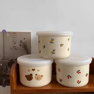 Mangkuk porselen, ramah lingkungan, pola beruang dipertebal untuk memberi makan bayi, mangkuk keramik Salad sup