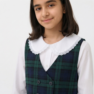 Conjunto de Uniforme Escolar Formal de Primavera para Niñas, Color Verde Marino Sólido, Vestido con Mangas Largas, Camisa Blanca con Cuello Peter Pan - Product Image 4