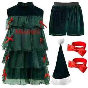 Vestido de Fiesta para Mujer Adulta MS, Verde, con Tul en Capas, Disfraz de Árbol, Lazo Rojo, Sombrero Navideño, Traje para Actuación en Escenario - Product Image 4