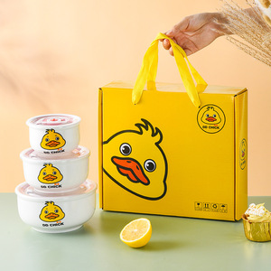 Tulip Bone China Color Enamel Rice Bowl Fresh-Keeping Three-piece Gift Box Camping Classic Food Serving <b>Container</b> - Product Image 6