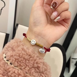 S999 Pure Silver Smiley Face Woven Red <b>Rope</b> <b>Bracelet</b> For Good Luck And Peace Unisex Gift Jewelry - Product Image 1