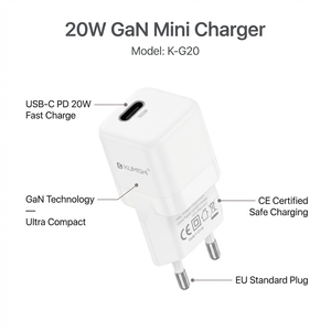 Chargeur mural rapide USB-C PD Kumishi GaN 20W, design compact - Product Image 3