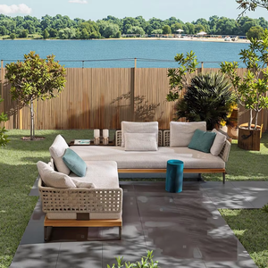 Ensemble <span class=keywords><strong>de</strong></span> canapé d'angle modulaire minimaliste en teck, mobilier <span class=keywords><strong>de</strong></span> <span class=keywords><strong>jardin</strong></span> d'extérieur avec <span class=keywords><strong>salon</strong></span> en aluminium métallique pour hôtels, parcs, cours - Product Image 2
