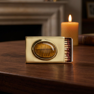 Porte-allumettes de luxe vintage en or gravé avec pierre œil de tigre, pot décoratif pour allumettes de sécurité, logo personnalisable - Product Image 1