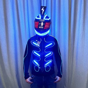 LED <b>Illuminated</b> Costume Ice Blue Light Helmet Clothing Stage Performance Wear Rechargeable Fabric Material FG820060 - Product Image 1