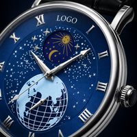 Nouvelle montre mécanique automatique pour homme, style affaires, en métal, étanche 30M, avec cadran bleu planétaire lumineux, ciel étoilé et aiguille des phases lunaires