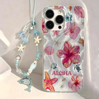 Coque de téléphone portable INS en soie argentée à motif tortue de mer bleue et étoile de mer avec chaîne pour iPhone 16 17 Pro Max Air