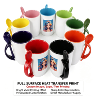 Vente en gros de tasses à sublimation en céramique blanche de 11 oz, tasse blanche avec cuillère, tasse bicolore, tasse à transfert thermique, logo personnalisé