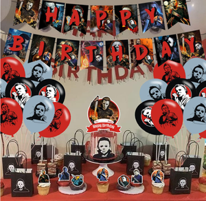 Décorations d'anniversaire Michael Myers : Bannières, drapeaux, décorations de gâteaux et cupcakes, ballons imprimés à l'hélium, autocollants sur le thème du <span class=keywords><strong>film</strong></span> d'<span class=keywords><strong>horreur</strong></span> - Product Image 2