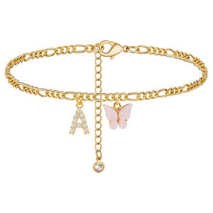 Chaîne de <span class=keywords><strong>cheville</strong></span> tendance pour femme en acier inoxydable avec strass <span class=keywords><strong>rose</strong></span> et initiale papillon alphabétique, collection été 2025 - Product Image 6