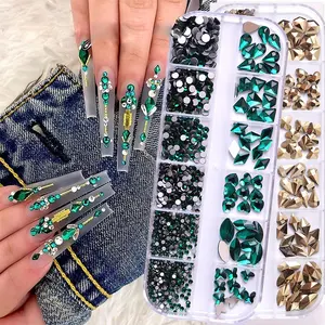 12 ızgara kutusu çok boyutu AB/renkli düzeltme Rhinestones Flatback kristal elmas mücevher 3D Glitter AB tırnak Rhinestones seti