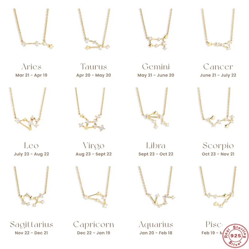 High Quality 12 zodiac signs Necklace Zircon Star Diamond zodiac signs pendant 925 silver clavicle chain necklace for women