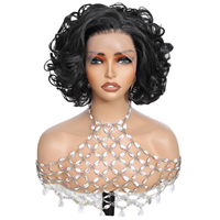 Perruque Courte Bouclée Noire Africaine avec Dentelle Frontale, Fibre Haute Température, Effet Volumineux, Vente Directe