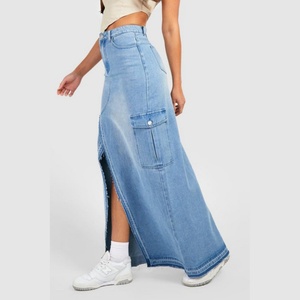 Nouvelle Arrivée Jupe Longue en Jean Taille Haute Style Cargo avec Fente Avant, Bleu Vintage et Ourlet Effiloché - Product Image 3