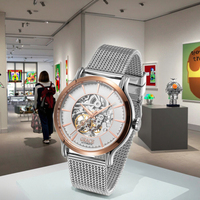 GRACE Luxus Herren Skelett Automatikuhr Zeiger Edelstahl Weißgold/Gelbgold Massives Glas Business Chronograph