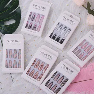 Treffen Sie alle Luxus Private Label Super Long 3D Flower Fake Nails Drücken Sie auf künstliche Nägel Hot Pink mit Logo Großhandel 24pcs