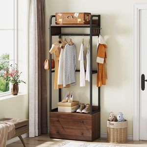 New solid wood floor-standing <b>clothes</b> <b>rack</b> for home use in bedrooms with drawers, open and simple clothing storage wardrobe - Product Image 1