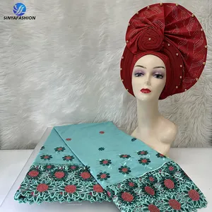 2023 Best Design Cotton Swiss Voile Cotton Lace con ricamo Gele nigeriano Headtie con pietra per la festa nuziale delle donne