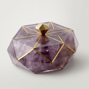 Boîte de rangement empilable moderne en verre violet géométrique avec couvercle à bordure dorée, organisateur pour coiffeuse et table de maquillage, taille et forme personnalisables - Product Image 1