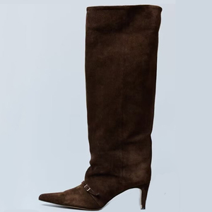 Big Size 45 Women Suede <b>Long</b> Boots Low Heels Pointed Toe Front Buckle Knee High Booties Pleated Loose Upper on Shoes - Product Image 6
