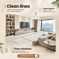 Meuble TV Flottant Minimaliste Moderne Extra Long avec Rangement Linéaire, Vitrine Haute en Verre et Accents LED