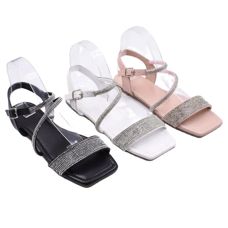 Wholesale Fashion Silver Bling Rhinestone PU Leather Womens Flat Dress Sandals