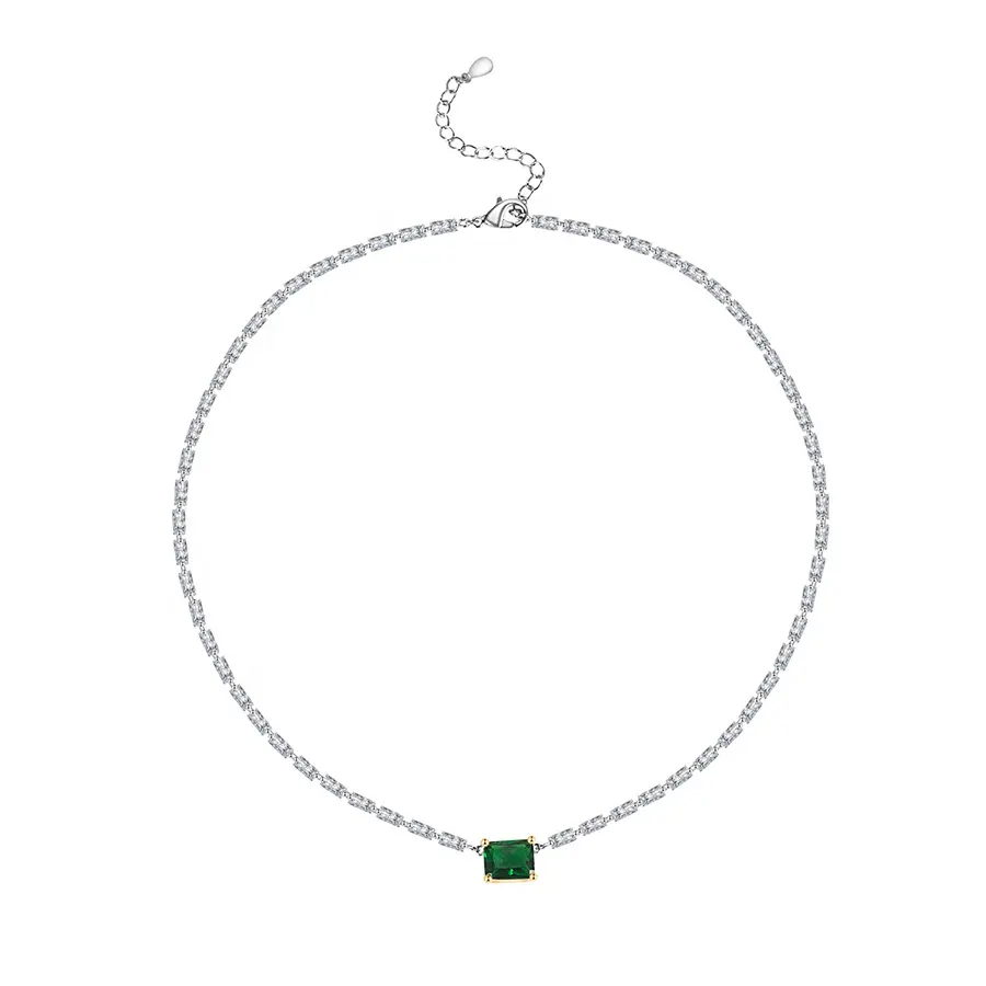 New Arrival 925 Sterling Silver Jewelry Rectangular Zircon Single Emerald Pendant Choker Necklace for women