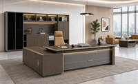 Ensemble de bureau de direction moderne et droit avec armoire latérale et bibliothèque de rangement LED en bois, garantie 5 ans